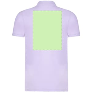 A lilac polo shirt featuring a blank green area on the back and a collar. It includes a logo on the front.