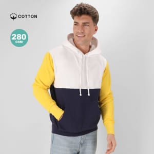 A men's hooded sweatshirt in white, yellow, and navy, featuring a logo and a front pocket.
