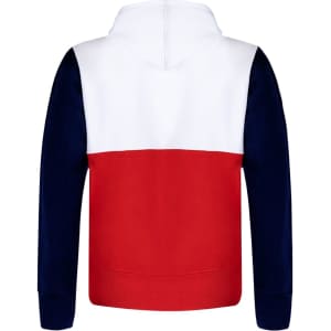 A hoodie featuring a colour block design with white, navy blue, and red sections. It has a hood and kangaroo pocket.