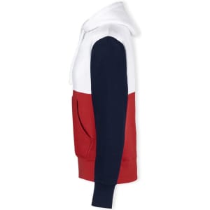 A hoodie featuring a white, red, and navy colour scheme, with a front pocket and a logo on the chest.