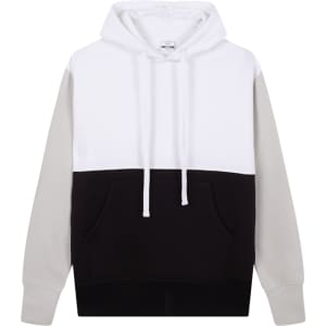 A hooded sweatshirt featuring white, grey, and black panels, with a front pocket and a logo.