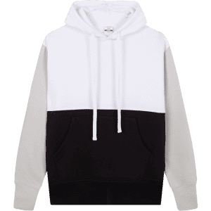 A hoodie with a colour block design, featuring white, grey, and black sections, and a front pocket.