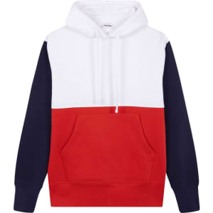 A red, white, and navy blue hoodie with a front pocket and a drawstring hood. It features a logo on the front.