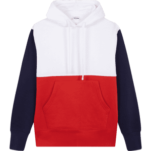 A red, white, and navy blue adult sweatshirt with a hood and a front pocket, featuring a logo.