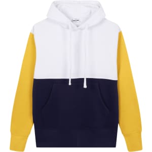 A men's hoodie in white, yellow, and navy, featuring a front pocket and a drawstring hood. It has a logo.