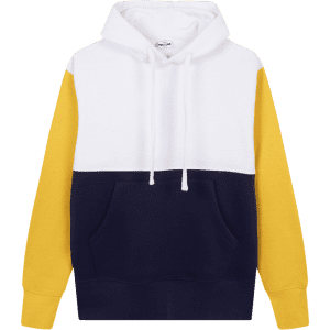 A multicoloured adult sweatshirt featuring white, navy, and yellow panels, with a hood and front pocket.