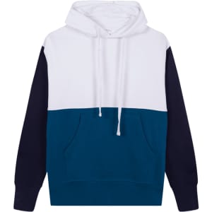 A tri-colour adult sweatshirt featuring white, teal, and navy panels, with a hood and front pocket.
