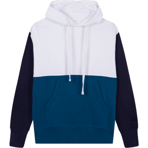 A hooded sweatshirt in white, teal, and navy blue with a front pocket and a logo on the chest.