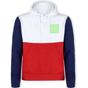 A hooded sweatshirt featuring red, white, and navy panels, with a front pocket and a logo on the chest.