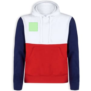 A hooded sweatshirt in white, navy, and red with a front pocket and a logo area.