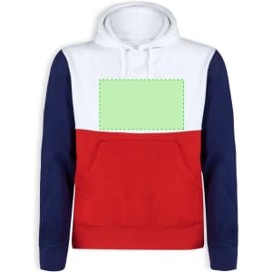 A hooded sweatshirt featuring white, navy, and red panels, with a front pocket and a logo on the chest area.