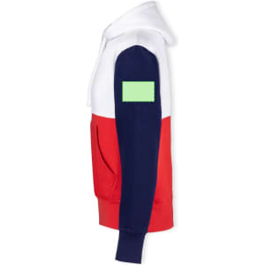 A hooded sweatshirt featuring red, white, and navy colours with a pocket and a green label on the sleeve.
