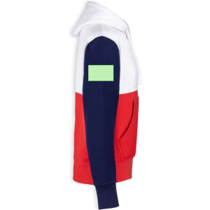 A hooded sweatshirt featuring red, white, and navy colours, with a logo on the sleeve and a front pocket.