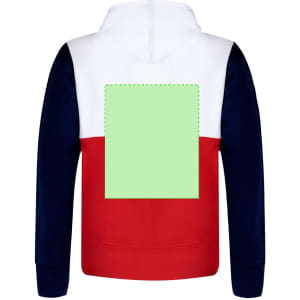 A two-tone adult sweatshirt featuring navy, white, and red colours, with a blank patch on the back for customization.