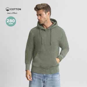 A green adult sweatshirt with a hood, featuring a front pocket and a relaxed fit, displayed on a model.