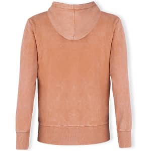 A dusty pink adult sweatshirt featuring a hood, with a simple design and a logo on the back.