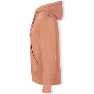 An orange adult sweatshirt with a hood and a front pocket, featuring a logo.
