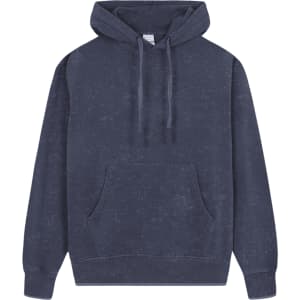 A navy blue adult sweatshirt with a hood and front pocket, featuring a logo on it.