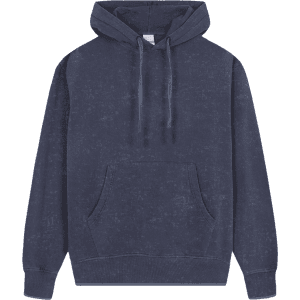 A navy blue adult sweatshirt with a hood, kangaroo pocket, and a logo on the front.