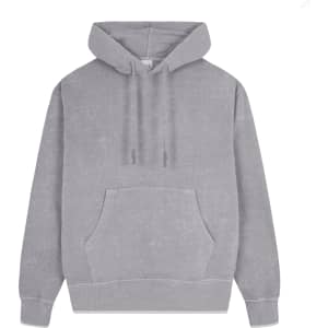 A grey adult sweatshirt with a hood, featuring a front pocket and drawstrings. It has a logo on it.
