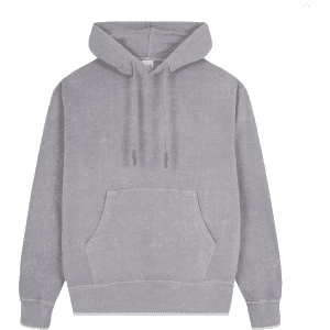 A grey adult hoodie featuring a front pocket and a drawstring hood. It includes a logo on the chest area.