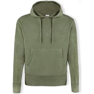 A green adult sweatshirt with a hood and a front pocket, featuring a subtle texture. It has a logo on it.