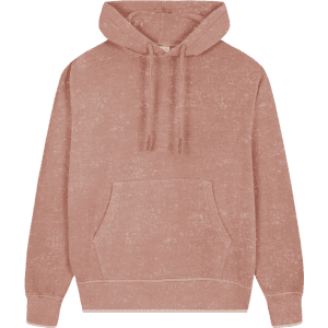 A pink adult sweatshirt with a hood, featuring a front pocket and a logo.