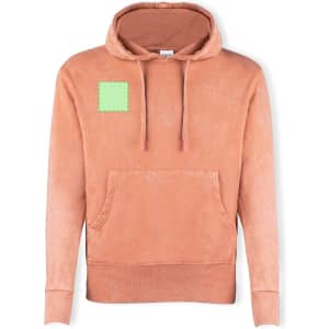 A peach-coloured adult sweatshirt with a hood and a front pocket. It features an area for branding.