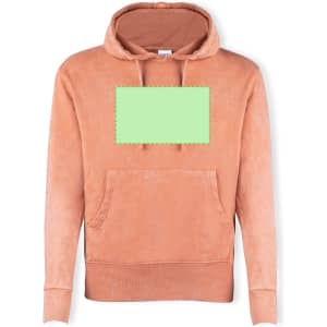 A peach-coloured adult sweatshirt with a hood and kangaroo pocket, featuring a blank area for branding.