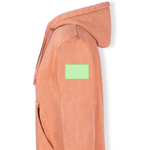 A peach-coloured adult sweatshirt with a hood, featuring a logo or branding on the sleeve.