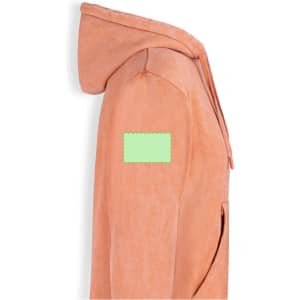 A peach-coloured adult sweatshirt with a hood and a logo on the arm.