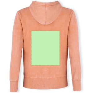 A pink adult sweatshirt with a hood and a blank green square on the back. It features a logo on the front.