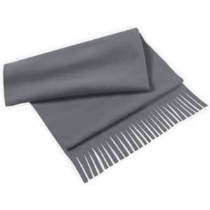 A grey Polar Scarf featuring a fringe design, showcasing a soft and warm fabric. It has a simple style and branding.