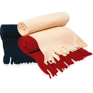 A Polar Scarf in navy blue, cream, and red, featuring fringed edges. The scarves are neatly rolled.
