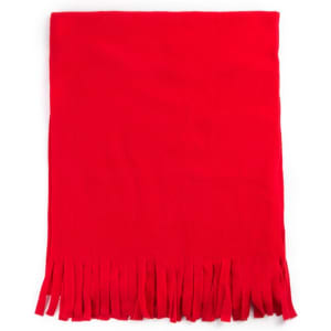 A red polar scarf with fringed edges, presenting a soft and warm texture. The item features a logo.