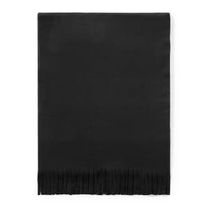 A black scarf with a fringed edge, featuring a smooth texture and a simple design.