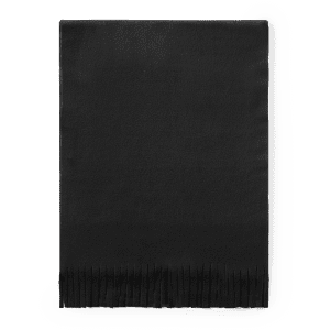 A black scarf with fringed edges, showcasing a plain design. It features a logo in the corner.