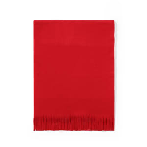 A red scarf with fringed edges, designed as a clothing accessory. It features a simple, solid colour and has a brand logo.