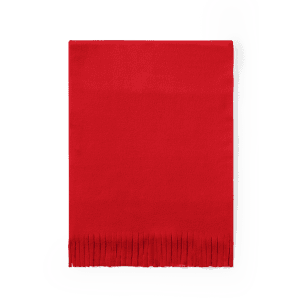 A red polar scarf with a textured finish and fringed edges, featured as a clothing accessory.