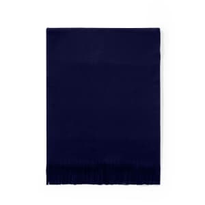 A navy blue scarf with fringed ends, presented flat. The design is simple and includes a logo.