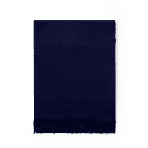 A navy Polar Scarf featuring a soft texture and fringe detailing along one edge. It includes a branding logo.