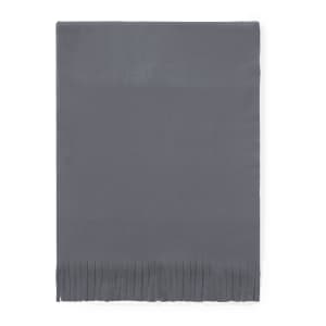 A grey scarf with fringe detailing, featuring a simple, smooth design and a logo.