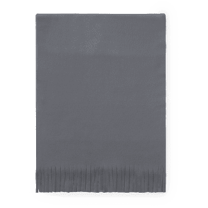 A grey Polar Scarf with a textured fringe at one end, featuring a logo.