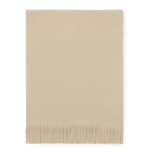 A beige scarf with fringed ends, featuring a simple design and a logo on the fabric.