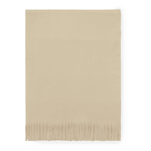 A beige Polar Scarf featuring a textured fringe at the bottom. It has a logo on the side.
