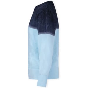 A light blue and dark blue tie-dye adult sweatshirt with a logo on the sleeve.