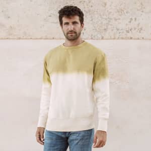 A green and cream dip-dye adult sweatshirt, featuring a casual crew neck and ribbed cuffs, worn by a man.