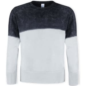 A grey and navy adult sweatshirt featuring a gradient design and a logo on the label.