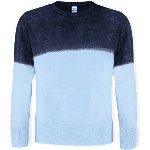 A blue gradient sweatshirt featuring a dark navy top and lighter blue bottom, with a logo on the label.