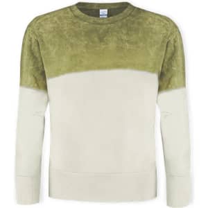 A green and cream adult sweatshirt featuring a colour-block design and ribbed cuffs, with a logo present.